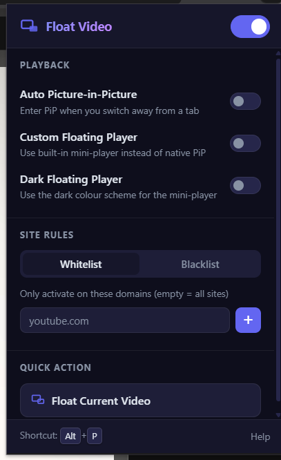 Float Video extension popup showing playback toggles, site rules, and the Alt+P shortcut